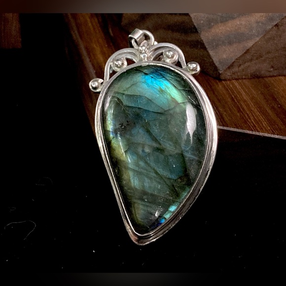 Large Vintage Labradorite Rare Blue Flash  Spectrolite 925 Gemstone Pendant - Picture 6 of 13
